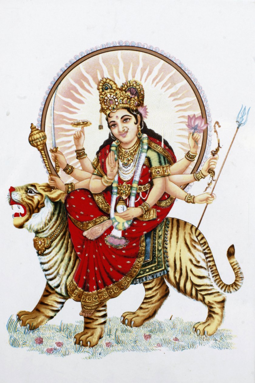 Dea Sherawali (Durga) che cavalca una tigre, Rishikesh, India da Unbekannt