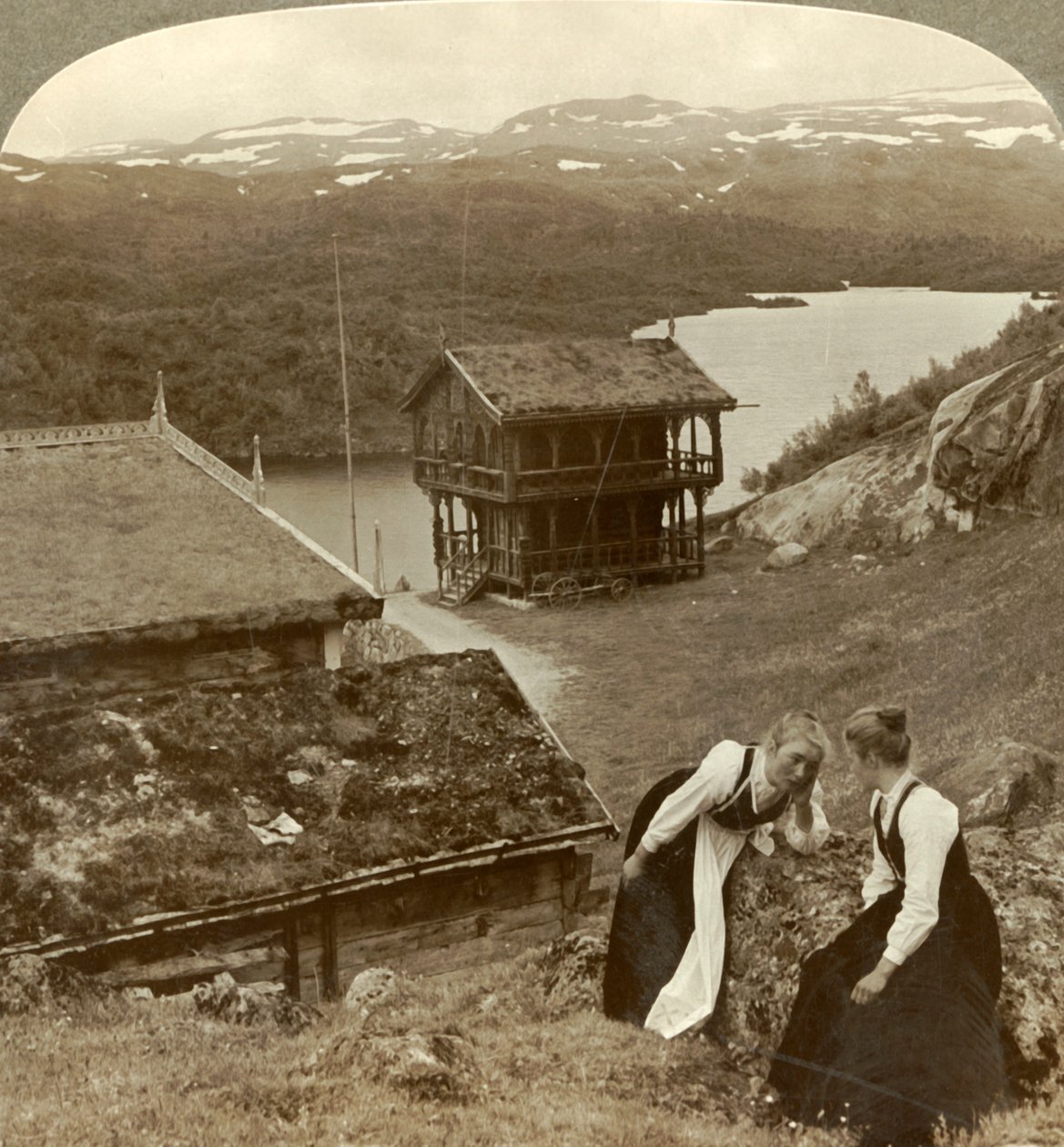 Pettegolezzi in una locanda di Botten, con vista sul lago Voxli - vista verso le montagne di Haukeli, Norvegia da Unbekannt