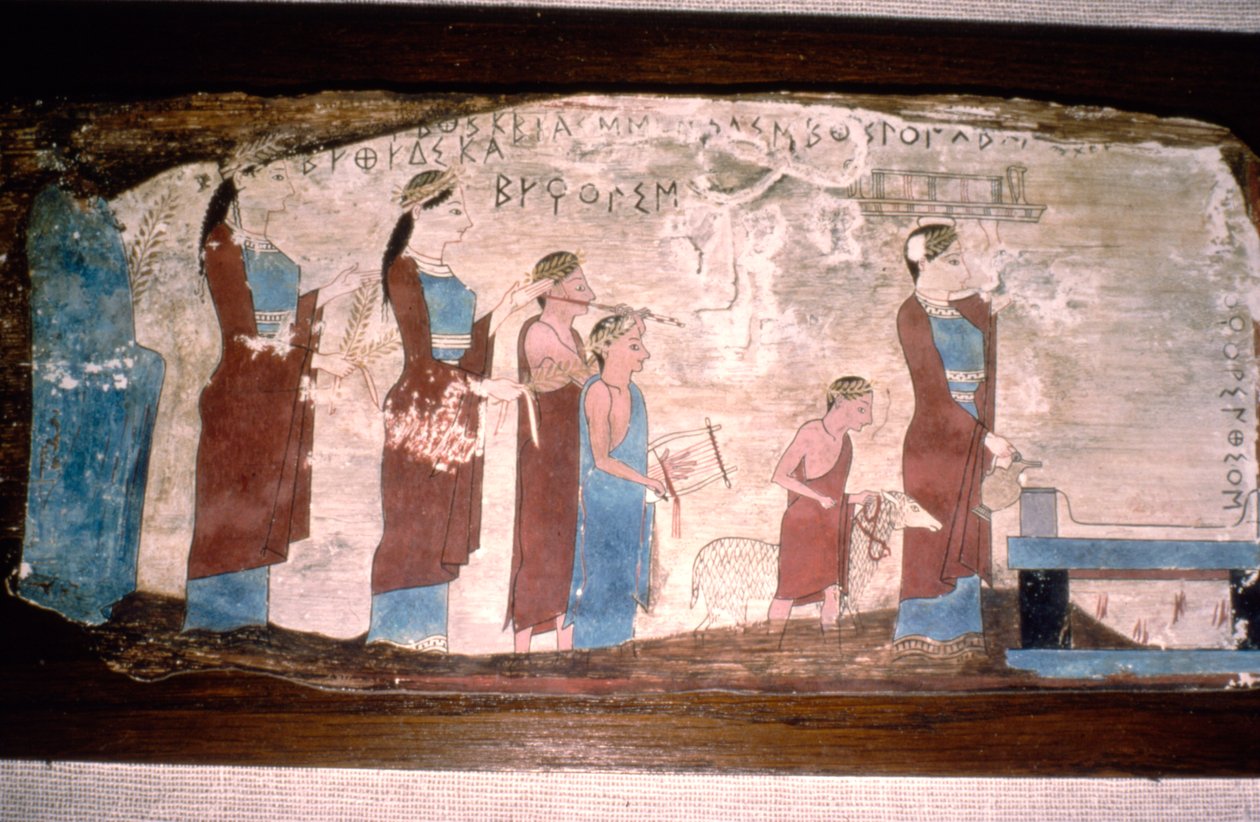 Musicisti greci a un sacrificio, dipinto su legno, c520 a.C.-c500 a.C. da Unbekannt
