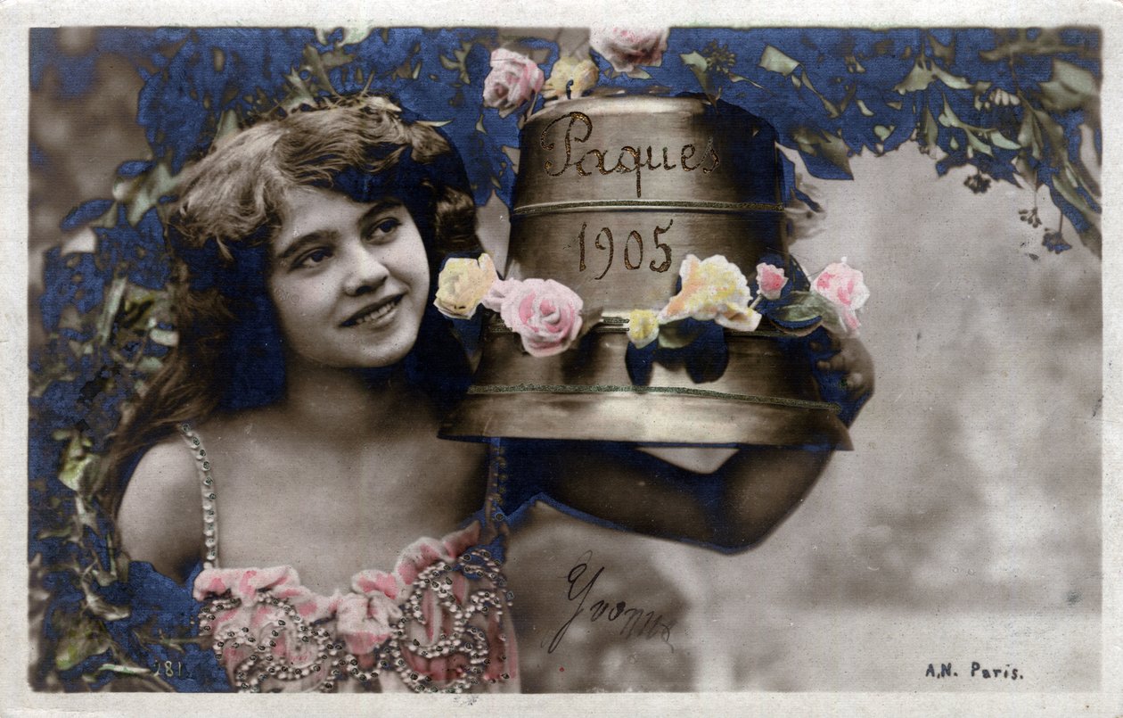 Cartolina di auguri per Pasqua: una giovane ragazza sorridente accanto a una campana - Cartolina datata 1905 da Unbekannt