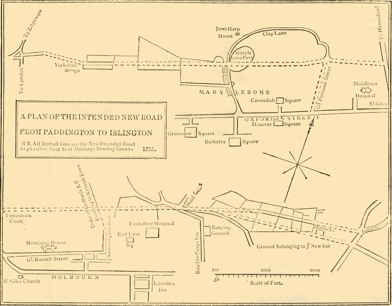 Piano del nuovo percorso da Islington a Edgware Road, 1755 da Unbekannt