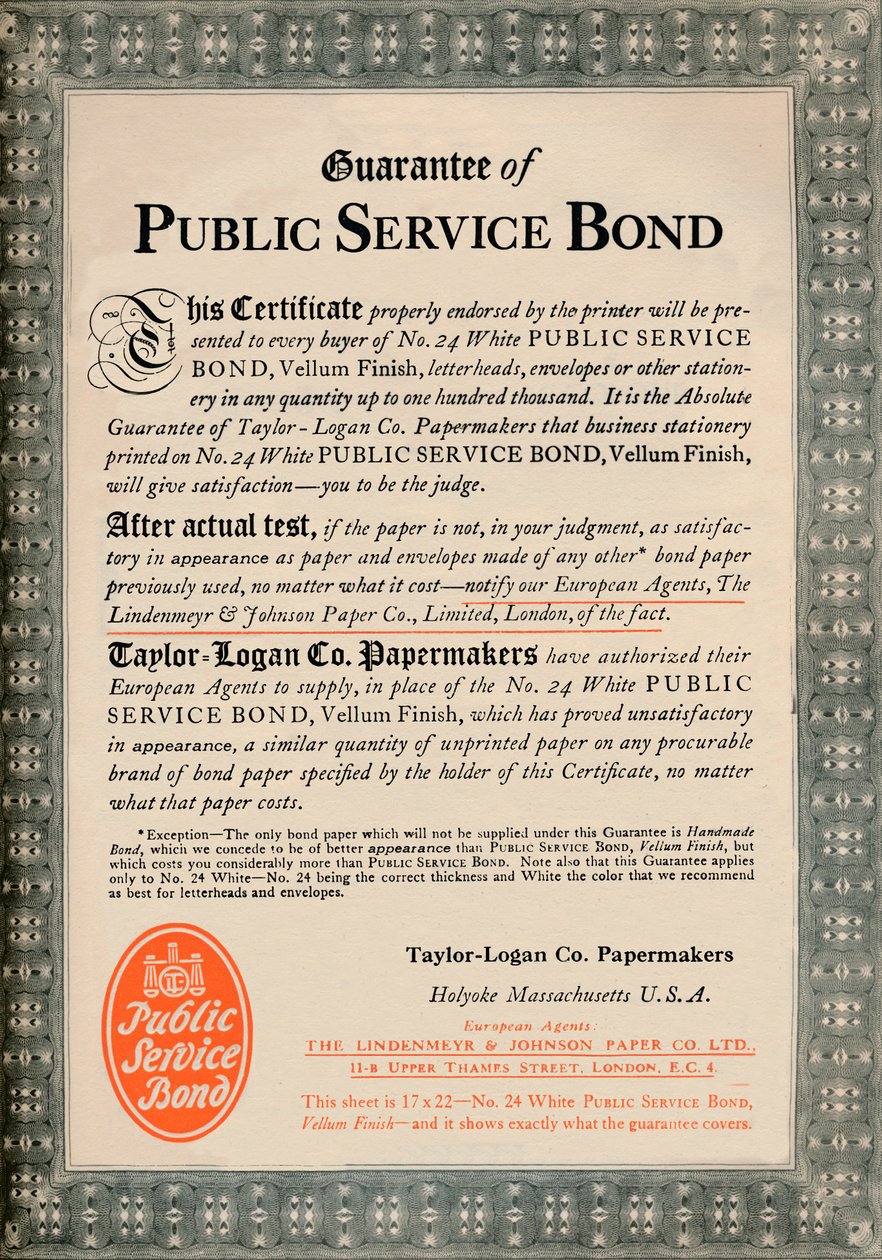 Garanzia del Bond di Servizio Pubblico - Pubblicità di Taylor-Logan Co. Papermakers, 1919 da Unbekannt