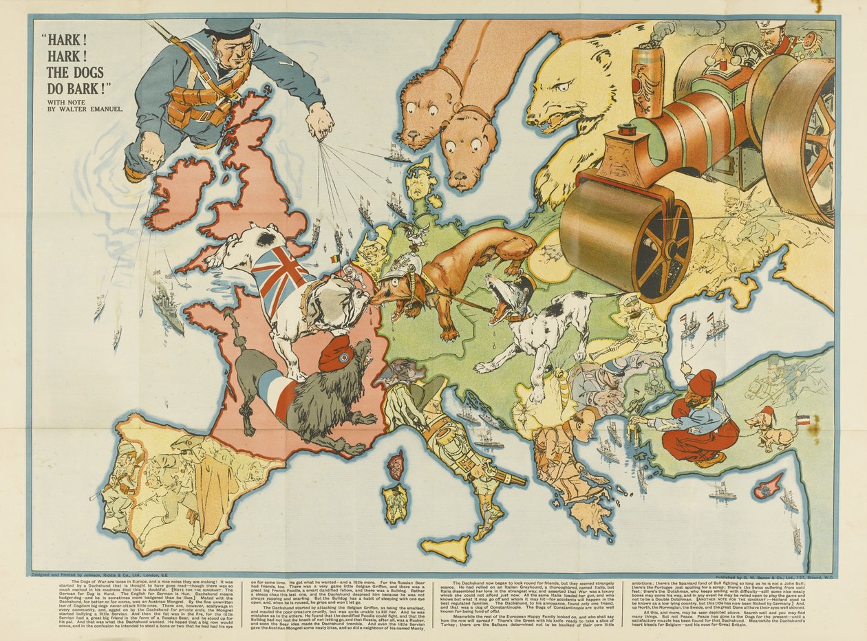 Attenti! Attenti! I cani abbaiano! Mappa satirica europea, 1914 da Unbekannt