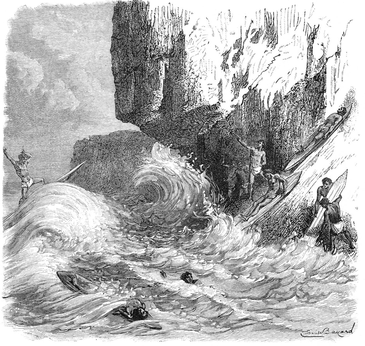 Uomini hawaiani che fanno surf usando tavole di legno, c1895 da Unbekannt