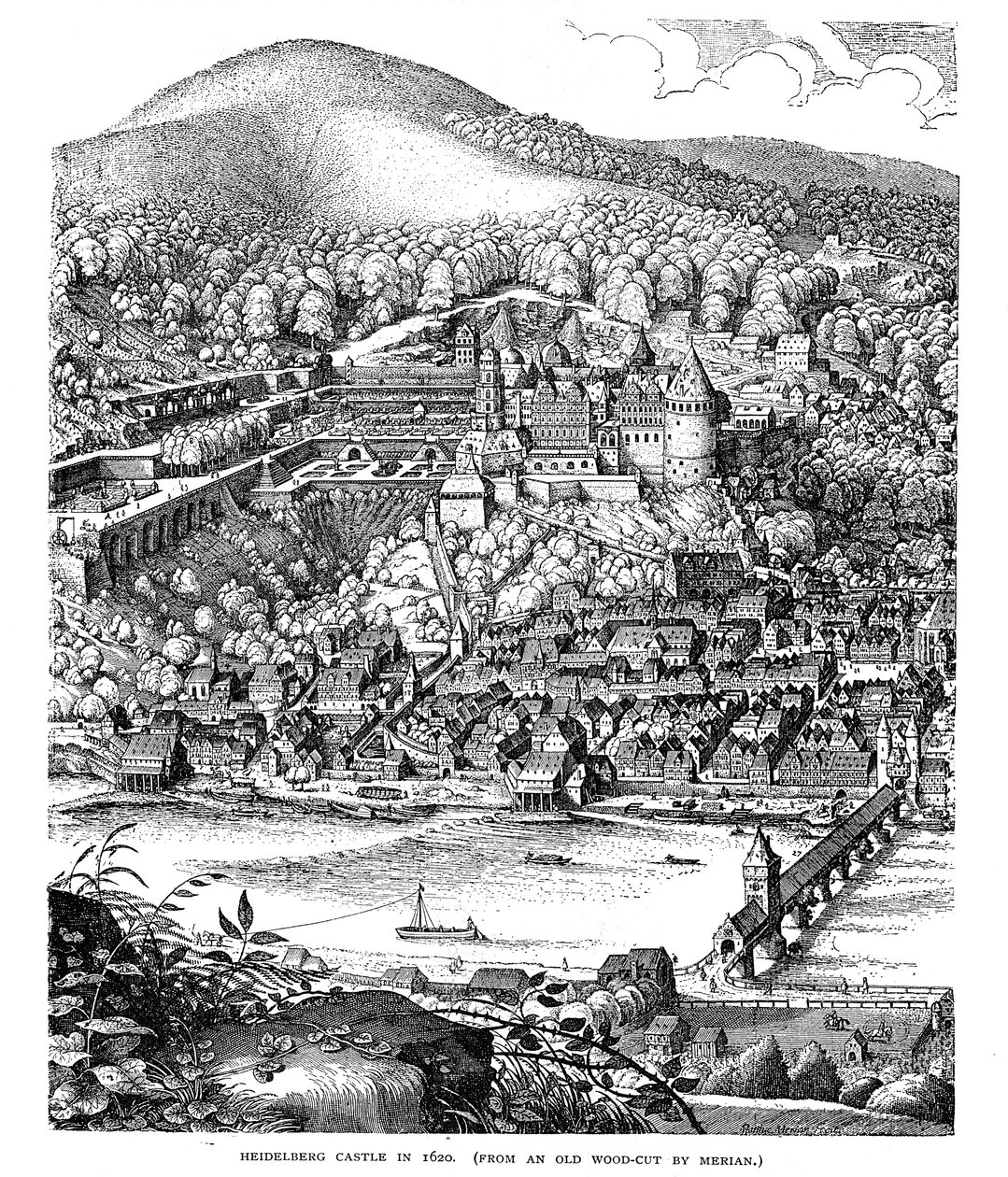 Castello di Heidelberg e città vista attraverso il fiume Neckar, Germania, 1620 da Unbekannt