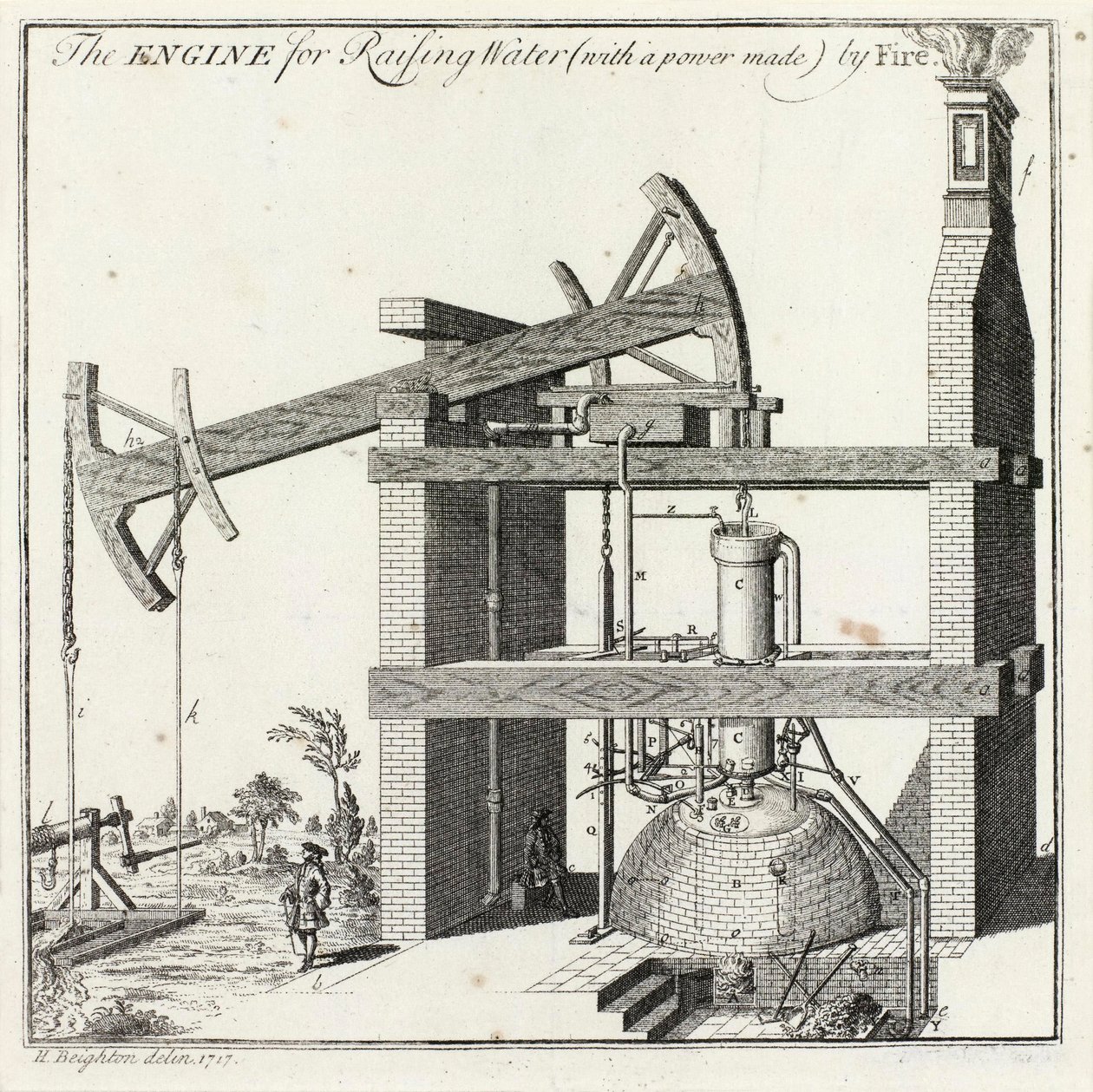 Incisione di Henry Beighton del motore Newcomen a Griff da Unbekannt