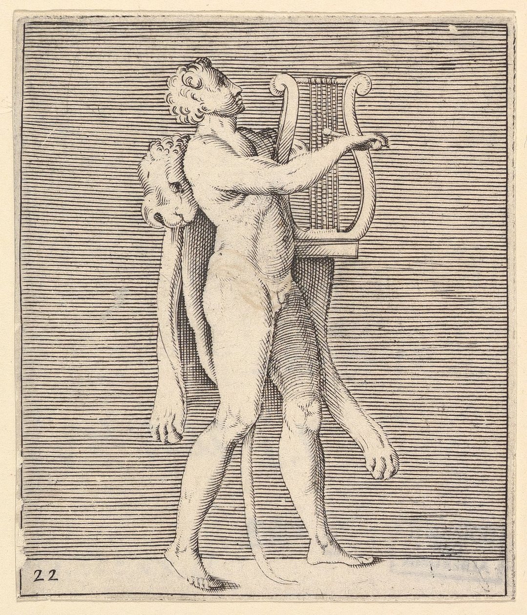 Ercole che suona una lira, con una pelle di leone drappeggiata sulla spalla, pubblicato ca. 1599-1622 da Unbekannt