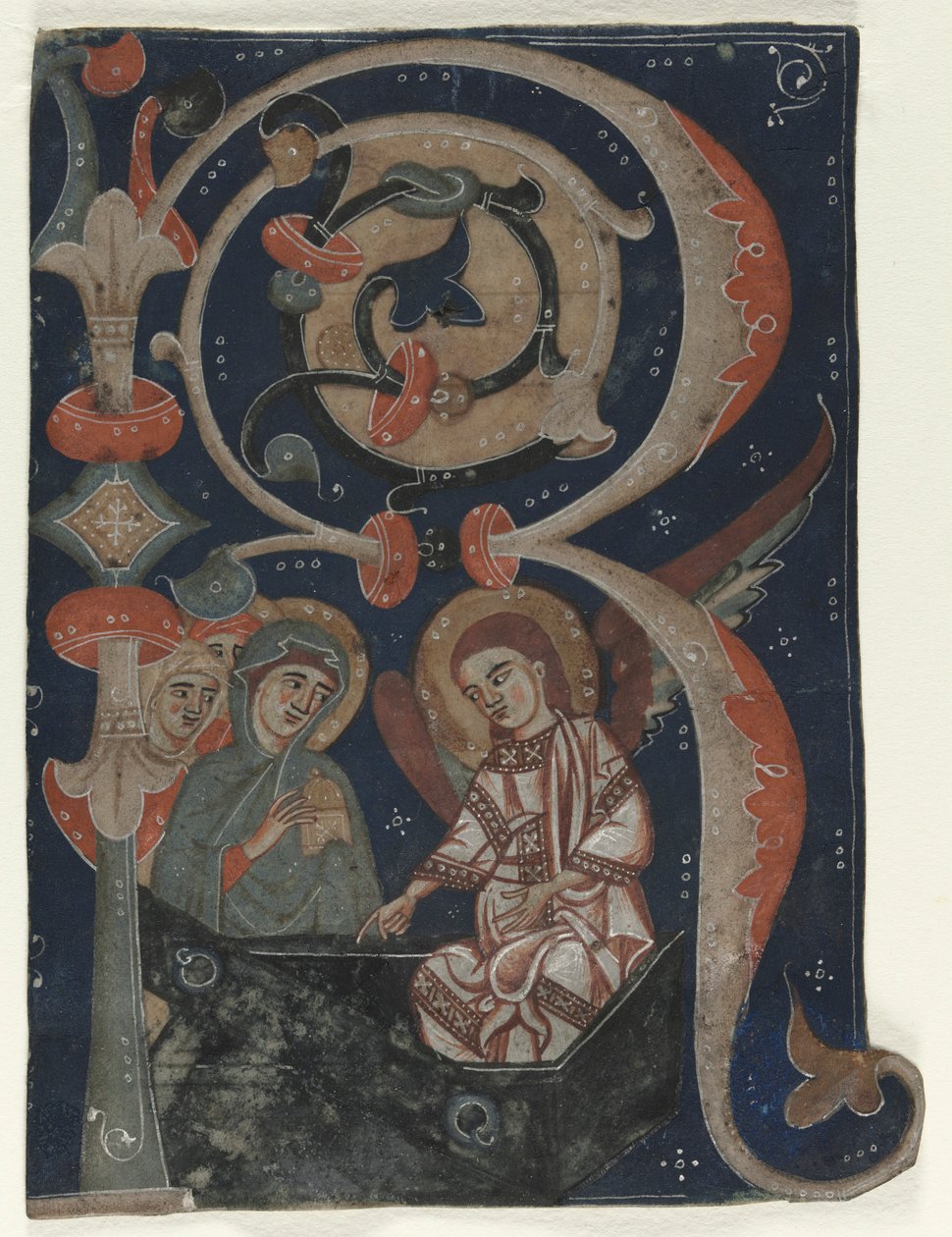 Iniziale istoriata R ritagliata da un Graduale: Le tre Marie al sepolcro, c. 1200-1230 da Unbekannt