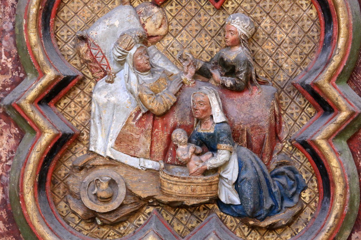 Storia di San Giovanni Battista: "Natività di San Giovanni Battista." Bassorilievo dell