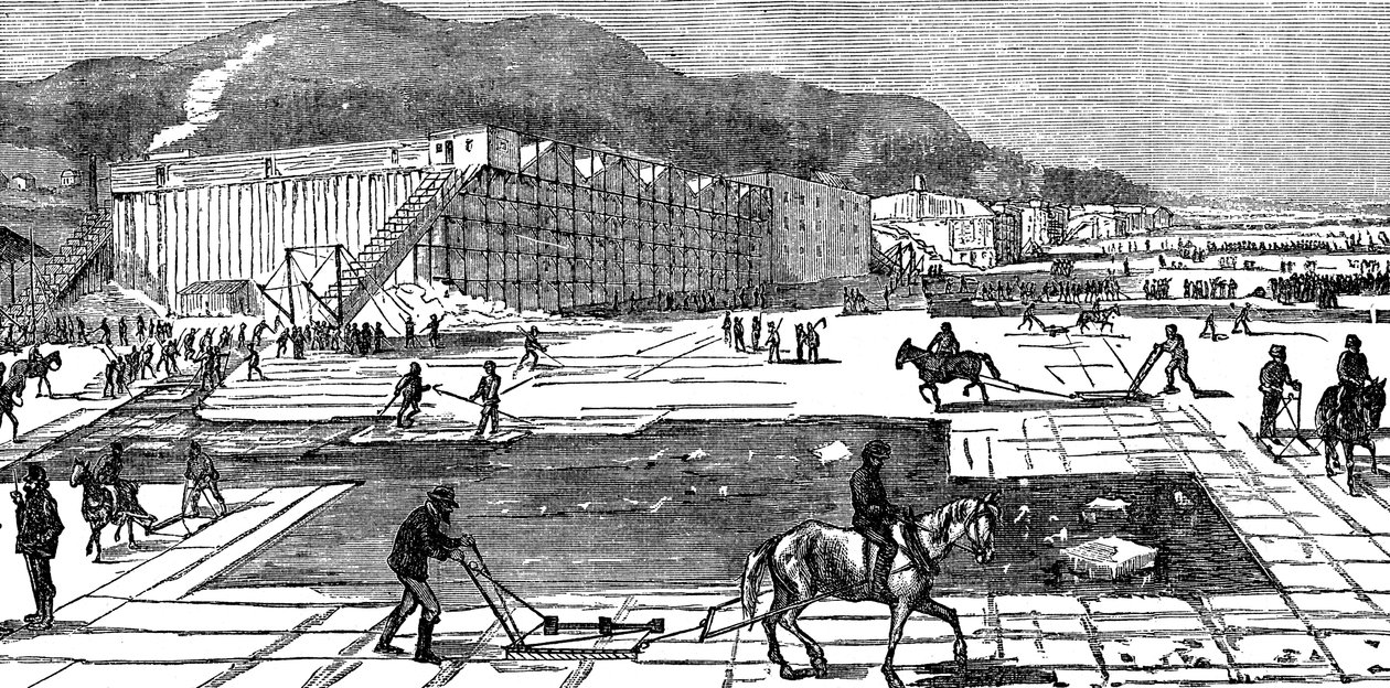 Raccolta di ghiaccio sul fiume Hudson vicino a New York, USA, 1875 da Unbekannt