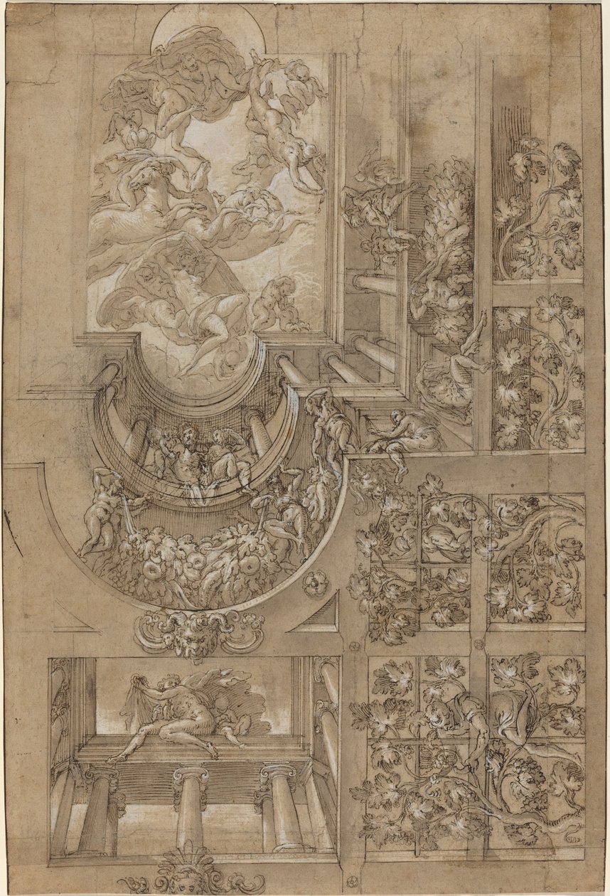 Soffitto illusionistico con pergolato di uva, figure su gallerie e un centro..., c. 1570-1580 da Unbekannt