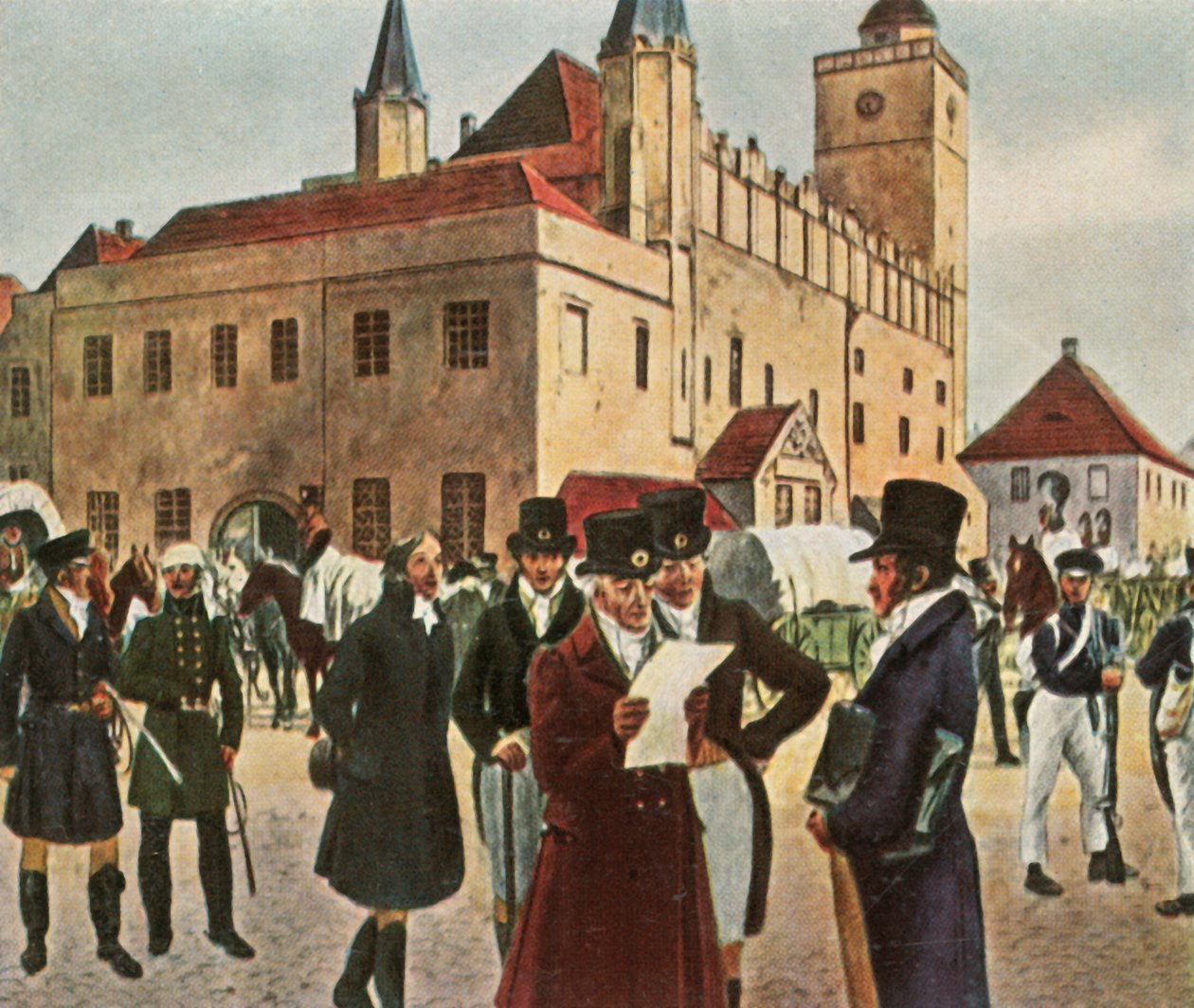Davanti al municipio di Reichenbach in Slesia durante il cessate il fuoco, 1813, 1936 da Unbekannt