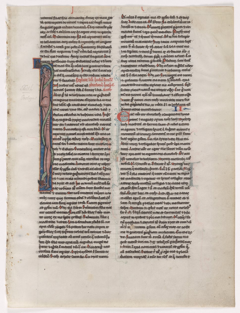 Iniziale I: Bestia e serpente intrecciati: Foglio da una Bibbia 2 di 2 fogli escissi, c. 1225-1250 da Unbekannt