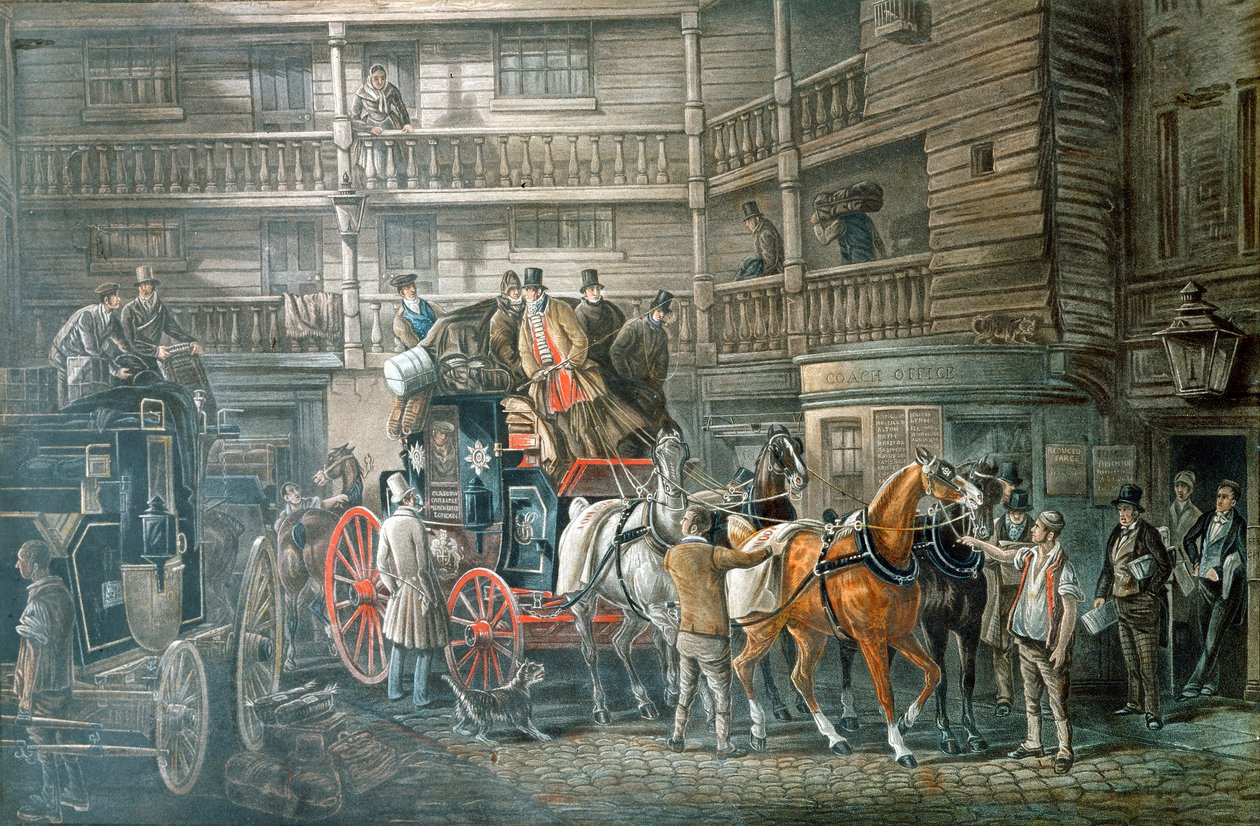 Cortile della locanda con diligenza in partenza, c1840 da Unbekannt