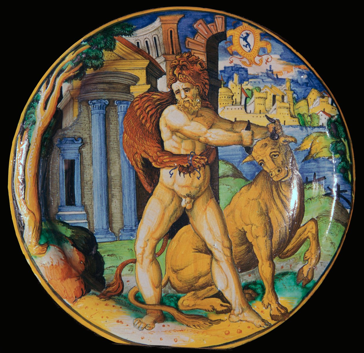 Piatto in terracotta italiana con immagine di Ercole e il toro cretese, XVI secolo da Unbekannt