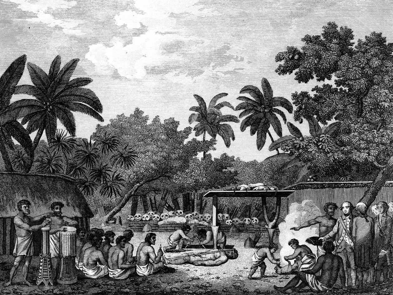 James Cook, navigatore inglese, che assiste a un sacrificio umano a Tahiti Otaheite c1773 1815 da Unbekannt