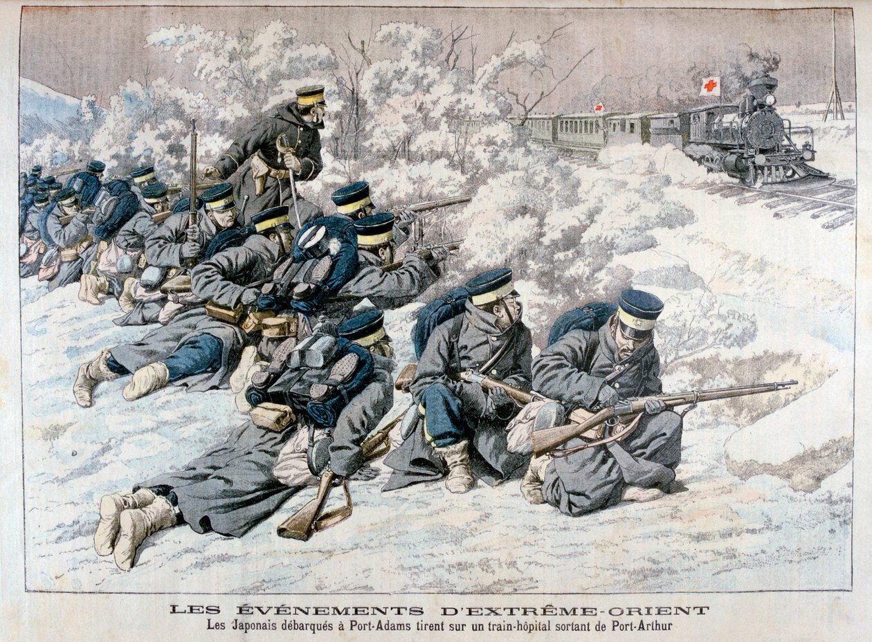 Attacco giapponese a un treno ospedale vicino a Port Arthur, Manciuria, Guerra russo-giapponese, 1904 da Unbekannt