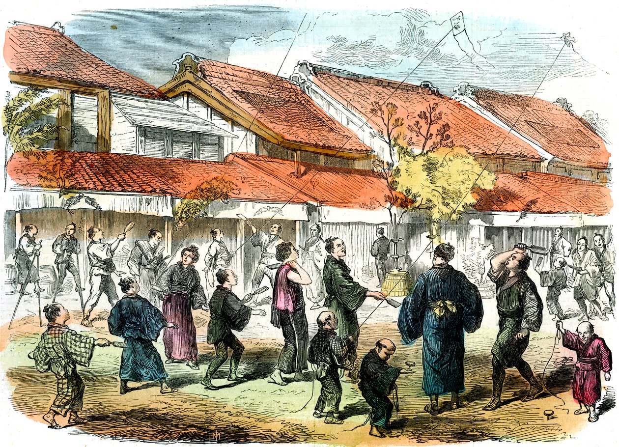 Gioco giapponese di volano per le strade di Yokohama, 1865 da Unbekannt