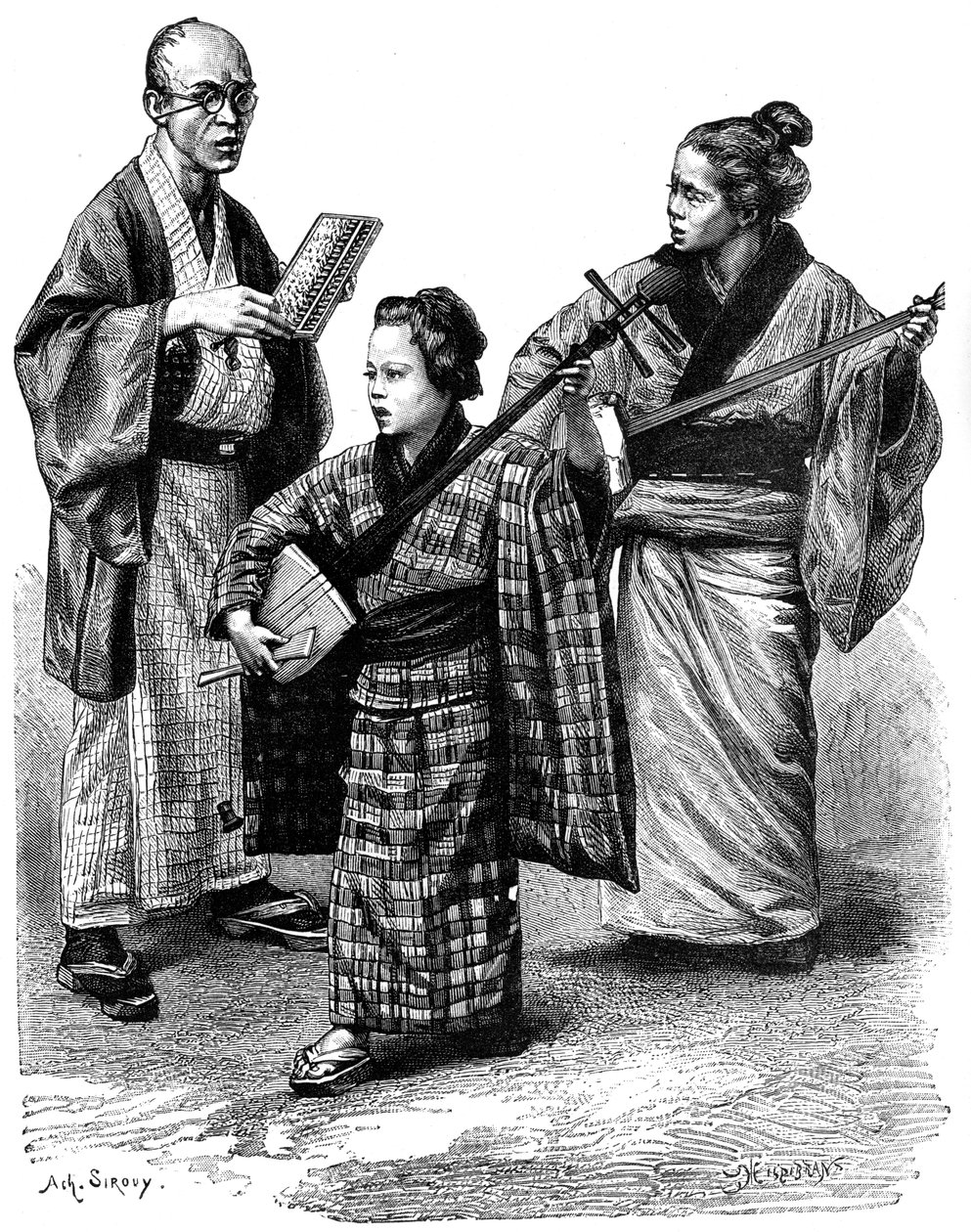 Musicisti giapponesi e un commerciante, 1895 da Unbekannt