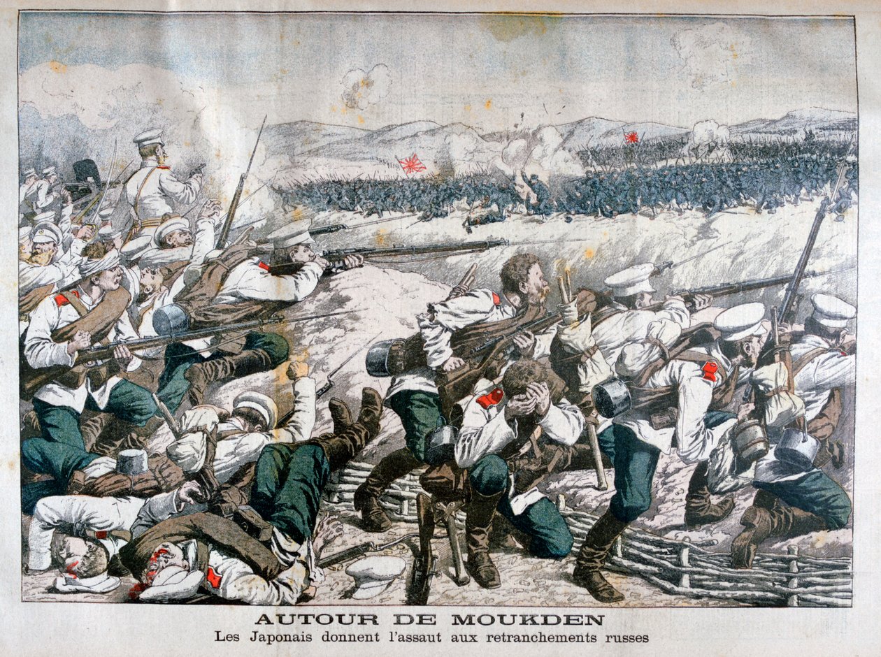 Truppe giapponesi che attaccano trincee russe, Mukden, Manciuria, ottobre 1904 da Unbekannt