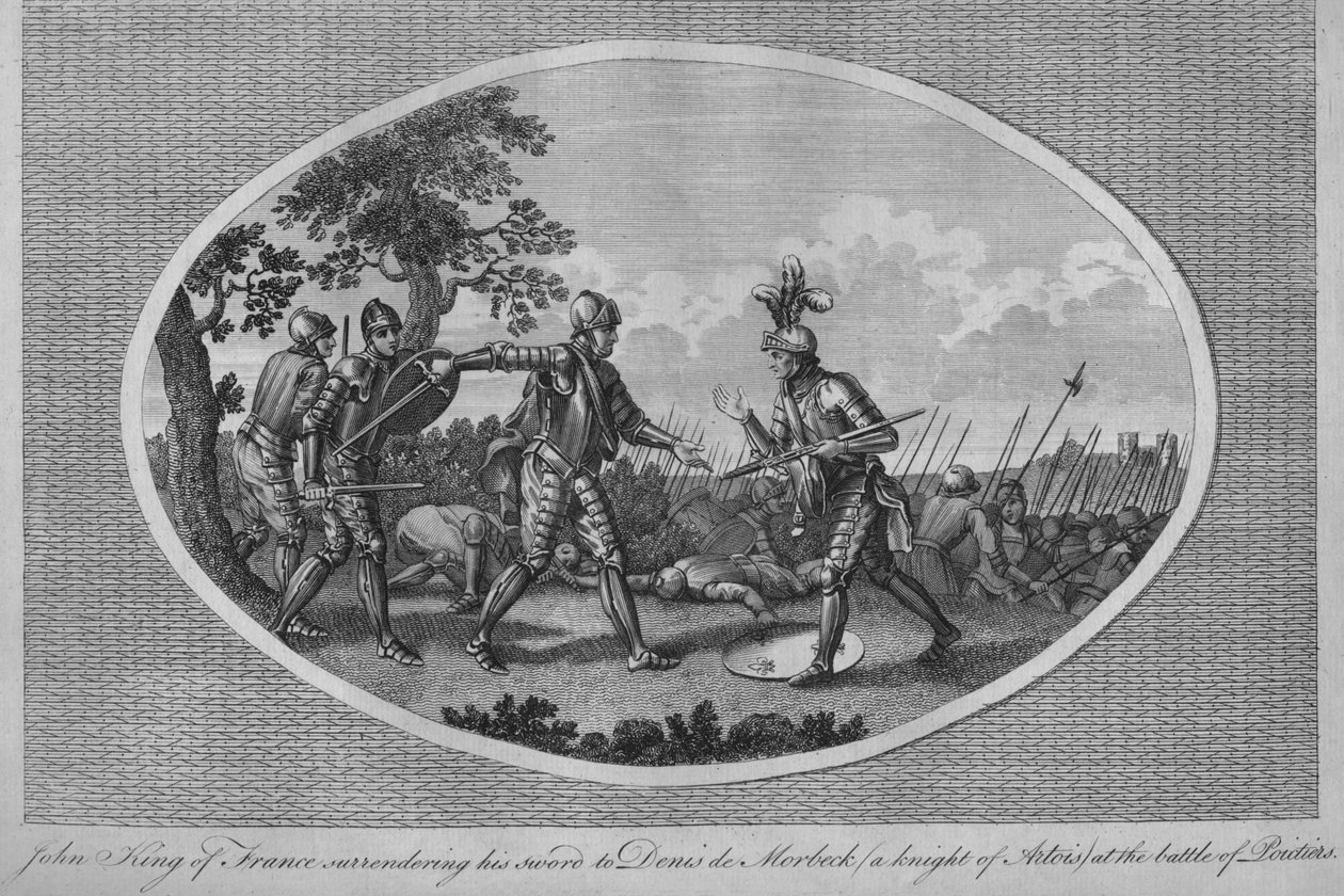 Giovanni II di Francia che consegna la sua spada a Denis de Morbeck alla battaglia di Poitiers, 1356, 1793 da Unbekannt