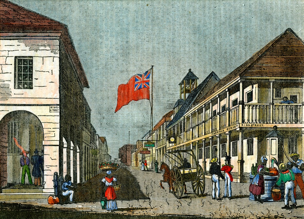 Incrocio tra Harbour Street e King Street, Kingston, Giamaica, c1835 da Unbekannt