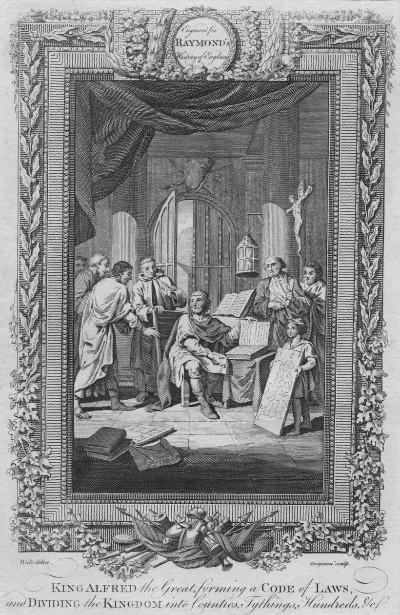 Re Alfredo il Grande, che forma un Codice di Leggi e divide il Regno in Contee, c1787 da Unbekannt