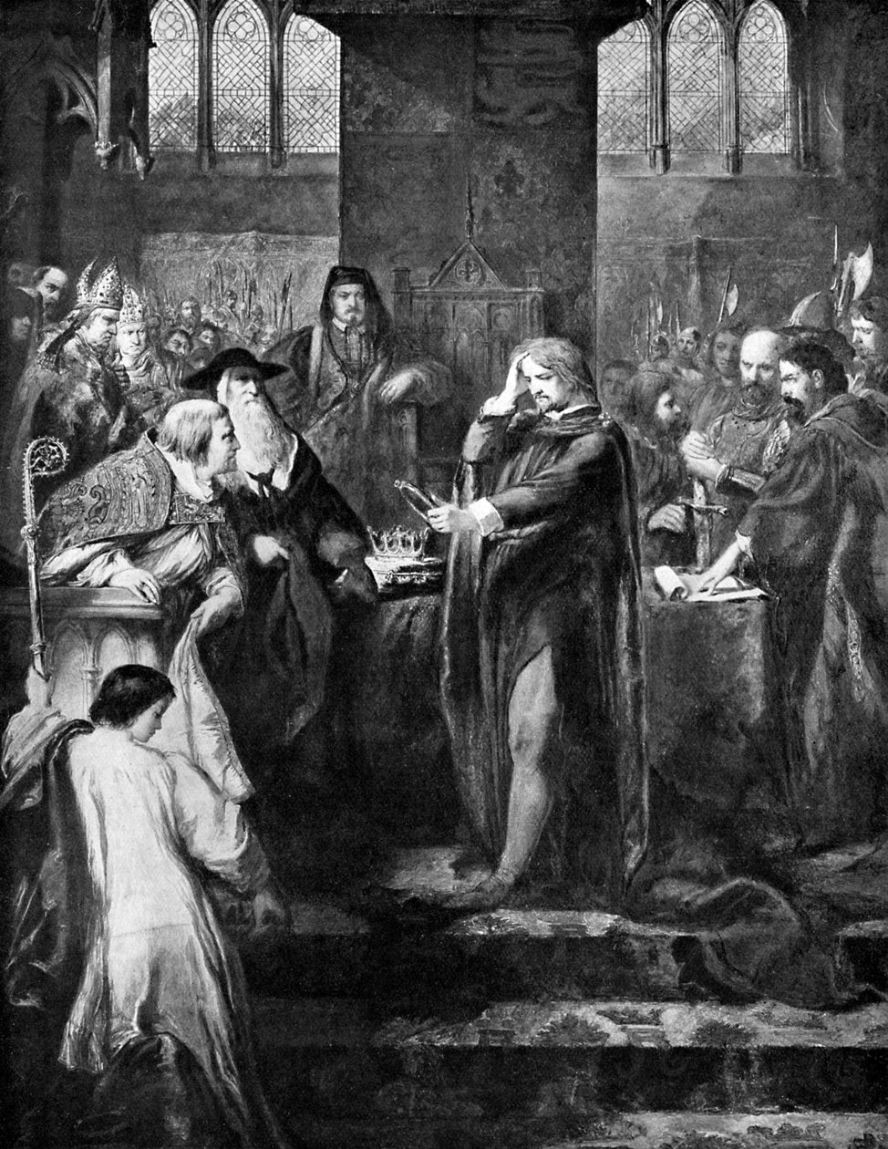 Re Riccardo II che abdica la corona al cugino Bolingbroke, 1399 da Unbekannt