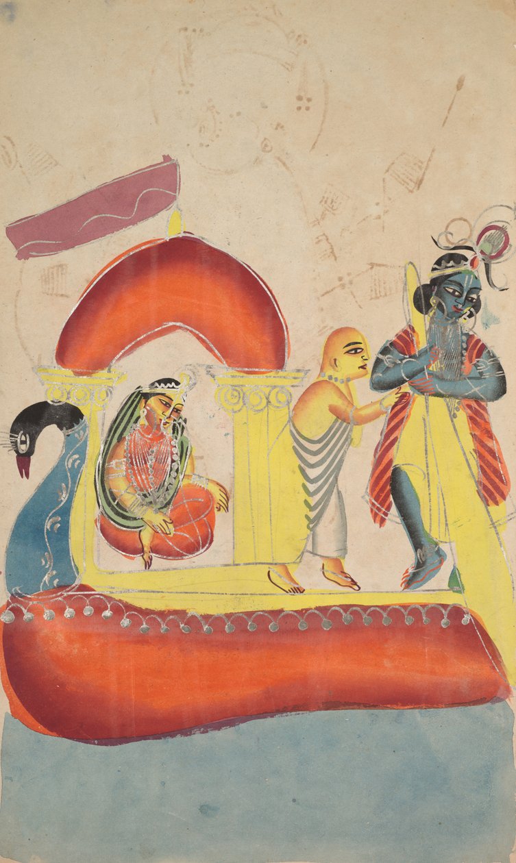 Krishna traghetta Radha attraverso il fiume Yamuna, 1800s da Unbekannt