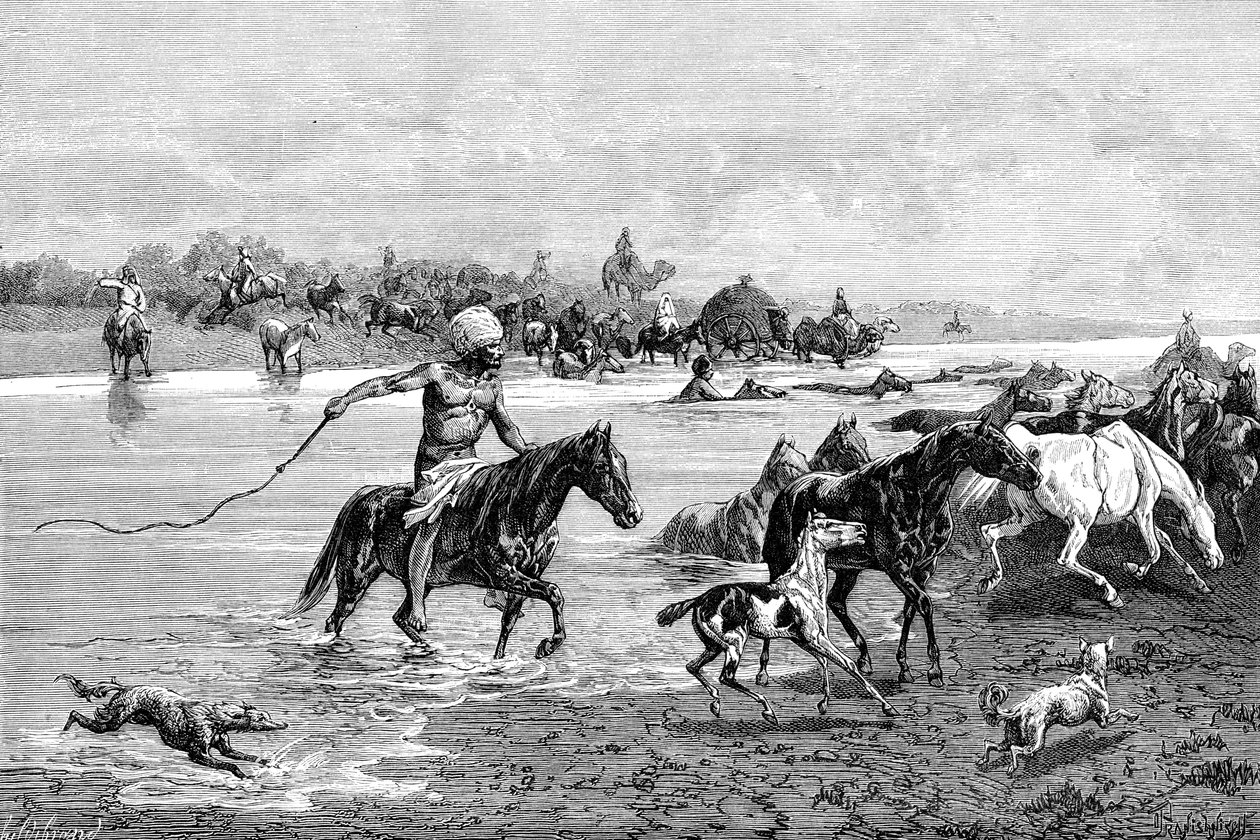 Kirghisi che attraversano un fiume, Kirghizistan, 1895 da Unbekannt