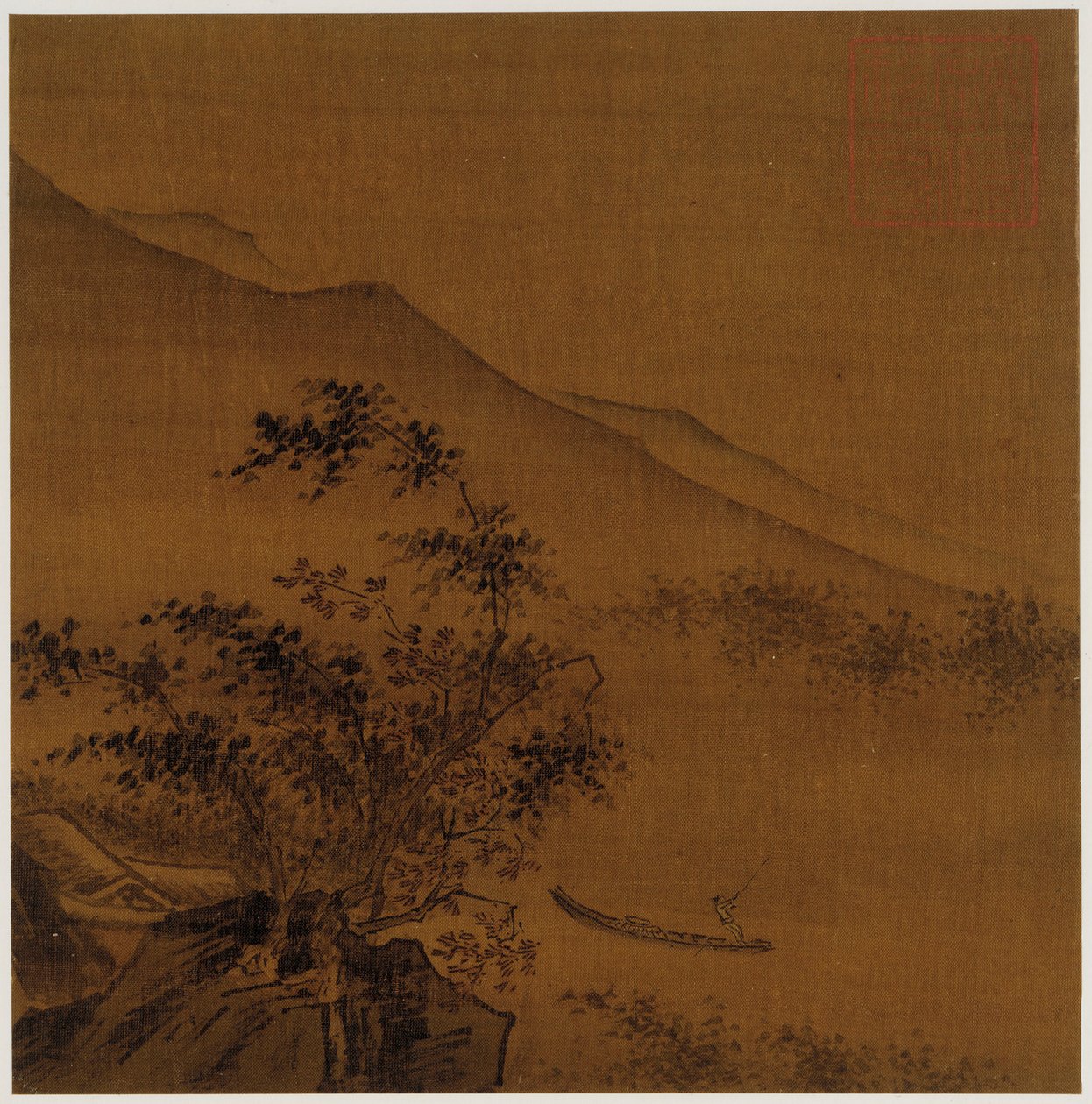 Paesaggio: colline, rocce, alberi, casa e una barca, dinastia Ming, 1368-1644 da Unbekannt