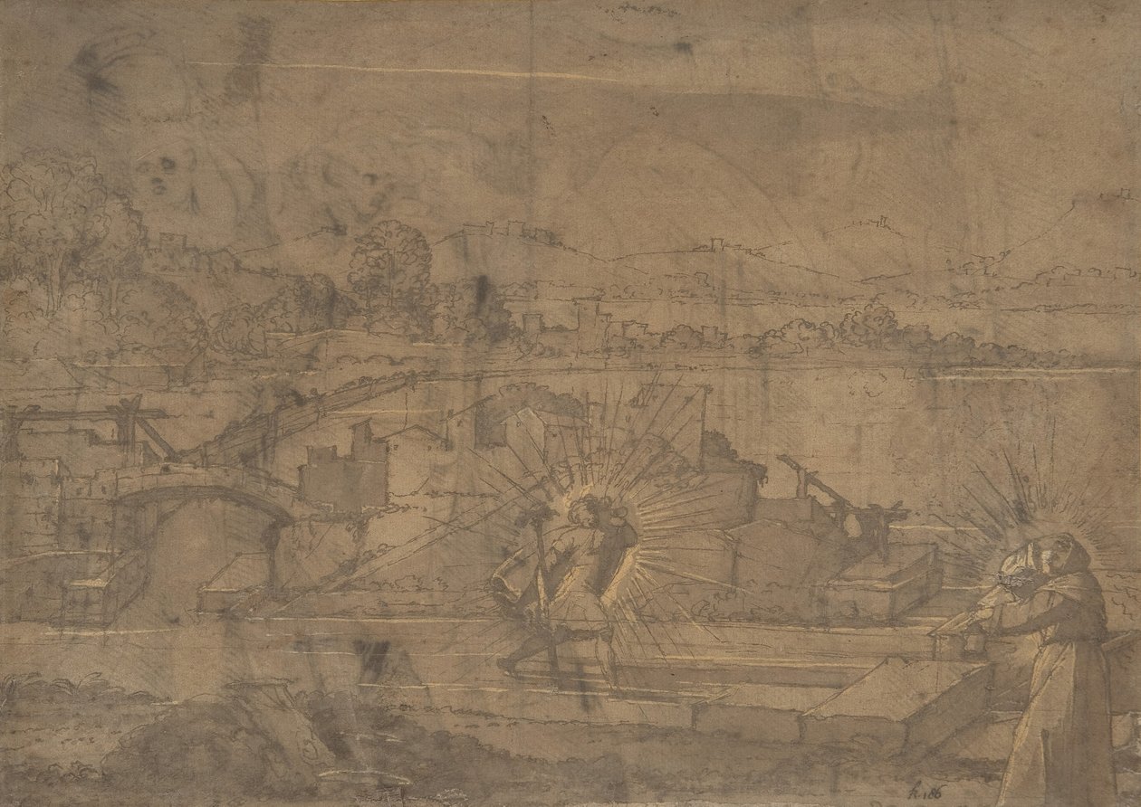 Paesaggio con San Cristoforo e Santo monastico maschile (recto) da Unbekannt