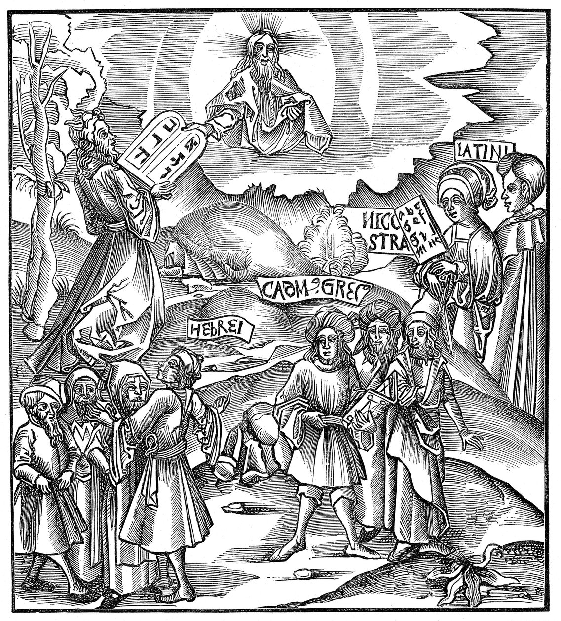 Lingue: Mosè che riceve da Dio le tavole della Legge in ebraico, 1512 da Unbekannt