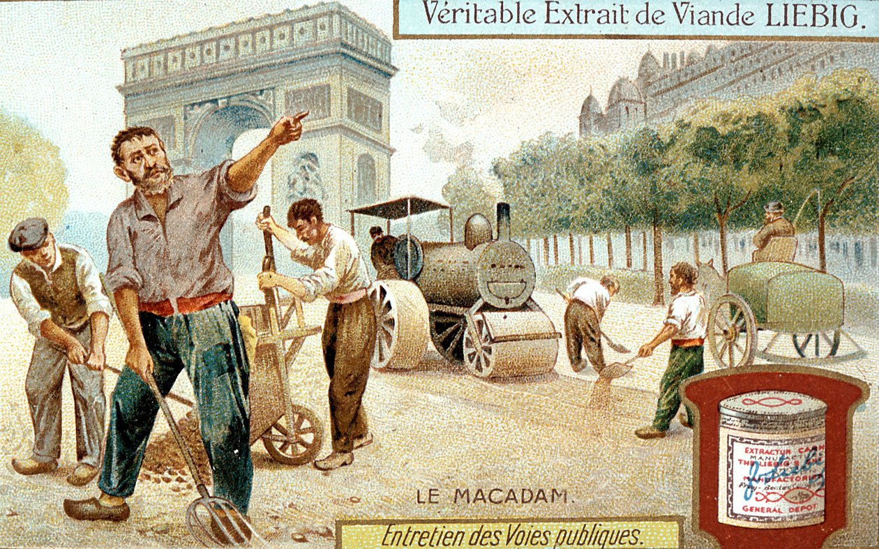 Posa di una superficie stradale in macadam e compattazione con un rullo a vapore, Parigi da Unbekannt