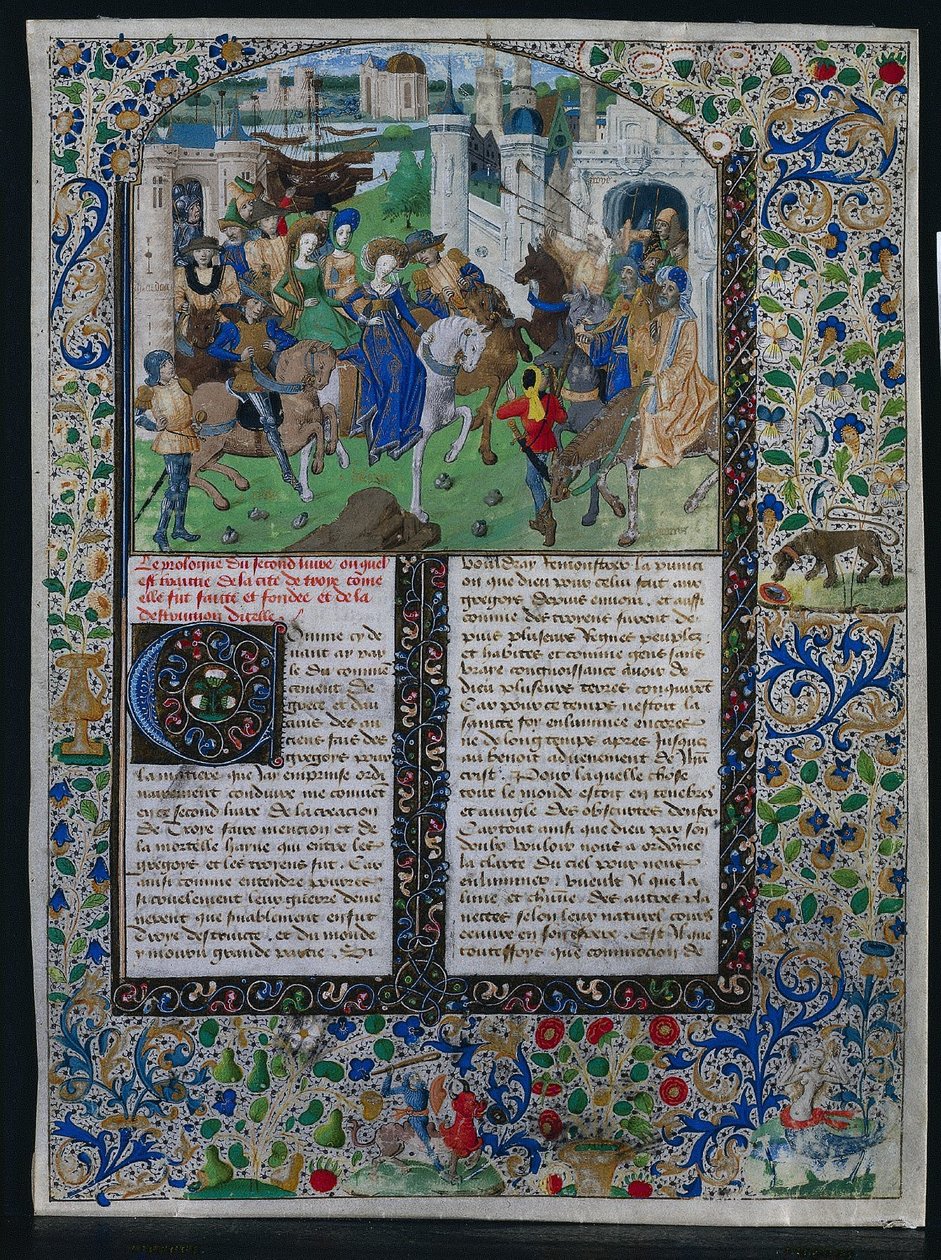 Foglio dalla Chronique Universelle di Jehan de Courcy: Re Priamo incontra Elena e Paride, c. 1470 da Unbekannt