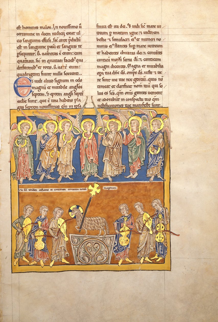 Foglia da un manoscritto di Beatus: Sette angeli tengono le coppe delle sette ultime piaghe.., ca. 1180 da Unbekannt