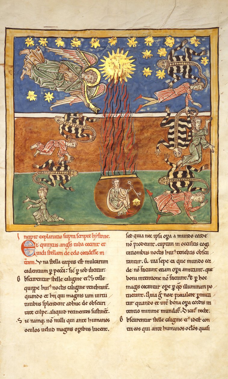 Foglio da un manoscritto di Beatus: al suono della tromba del quinto angelo da Unbekannt