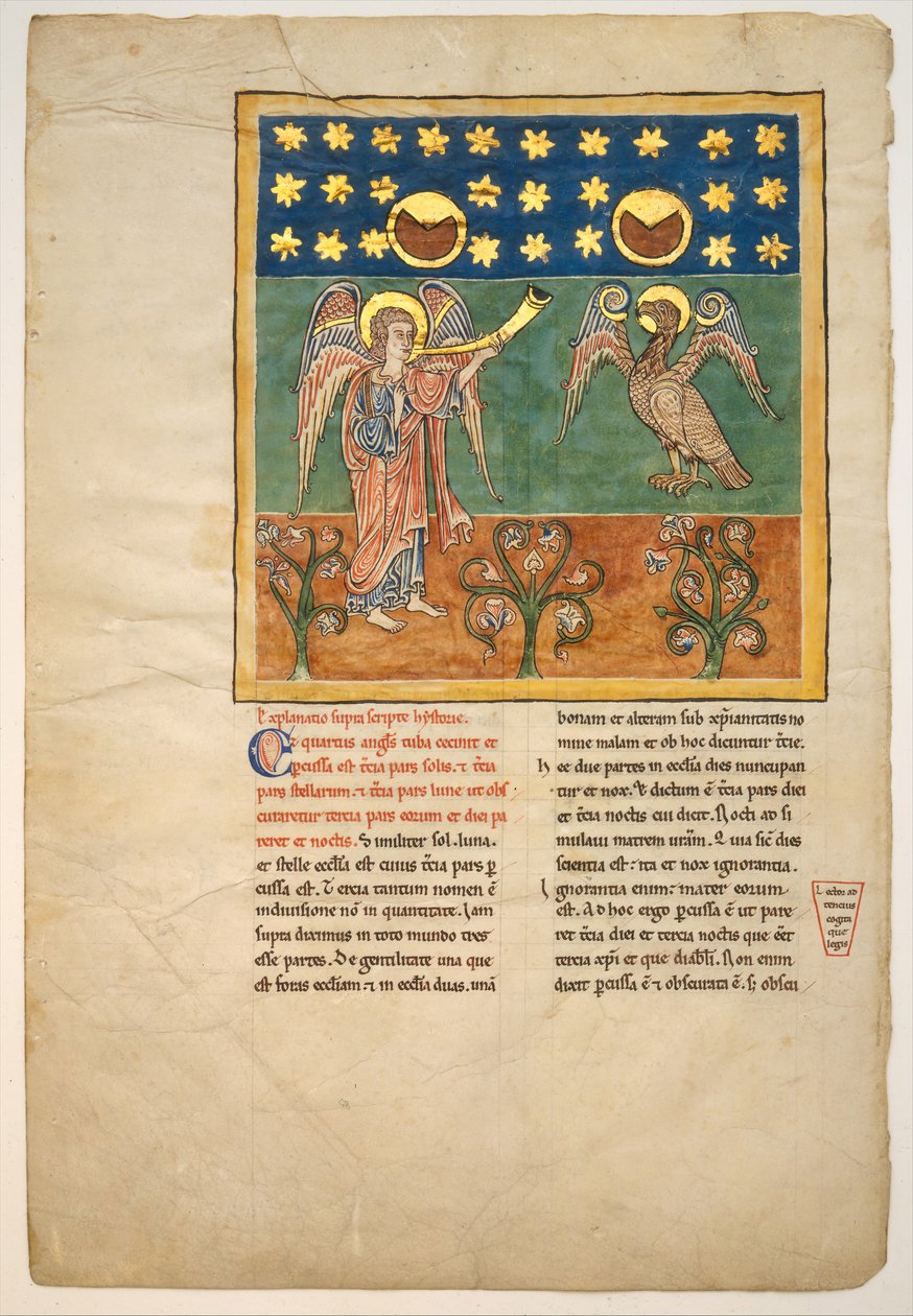 Foglio da un manoscritto di Beatus: il quarto angelo suona la tromba e un