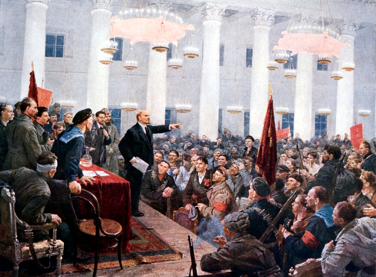 Lenin che arringa i deputati del 2° Congresso Sovietico, Palazzo Smolny, San Pietroburgo da Unbekannt