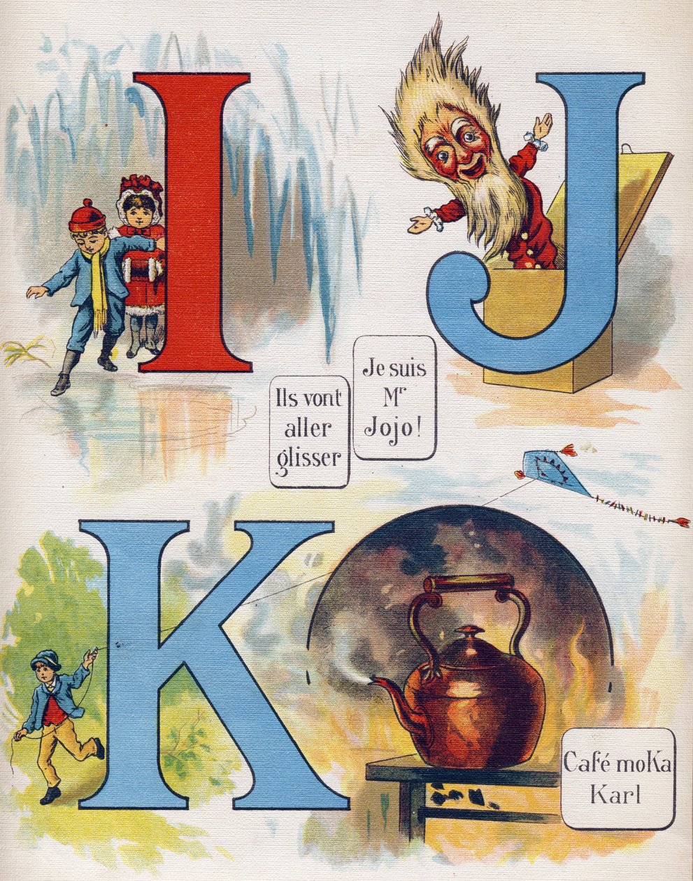 Lettere I, J e K: Stanno per scivolare, Io sono Mr. Jojo e il caffè Moka Karl. Incisione in "ABC L