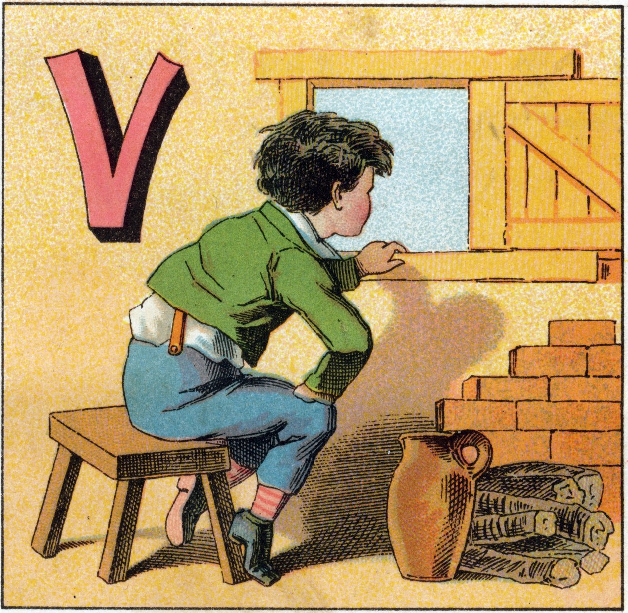 Lettera V come vasistas. Bambino curioso che guarda fuori da una finestra. Incisione in "Alphabet des petits ecoliers". Imagerie d