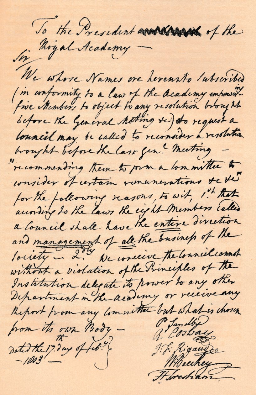 Lettera a Benjamin West, Presidente della Royal Academy, 1803 1904 da Unbekannt