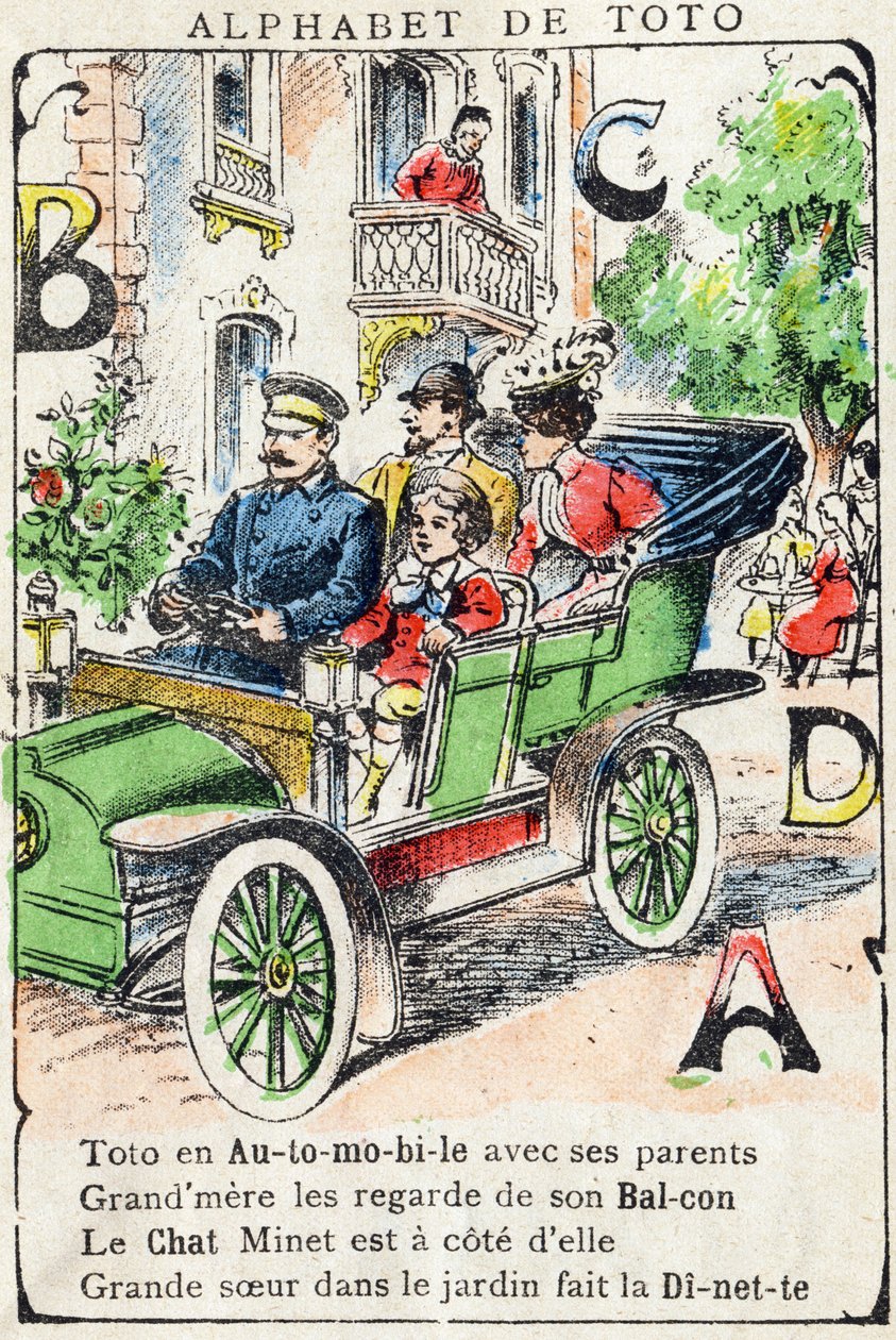Lettere A B C D Auto Balcone Gatto Giocattolo. Incisione in "Alphabet de Toto", fine XIX secolo. Immagini di Pont-a-Mousson. Louis Vagne, stampatore-editore. 12 pagine. da Unbekannt