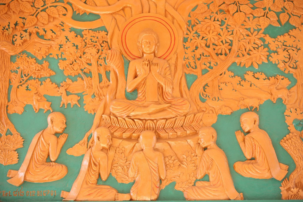 Vita di Buddha. Buddha con i suoi 5 discepoli a Benares, Phnom Penh, Cambogia da Unbekannt