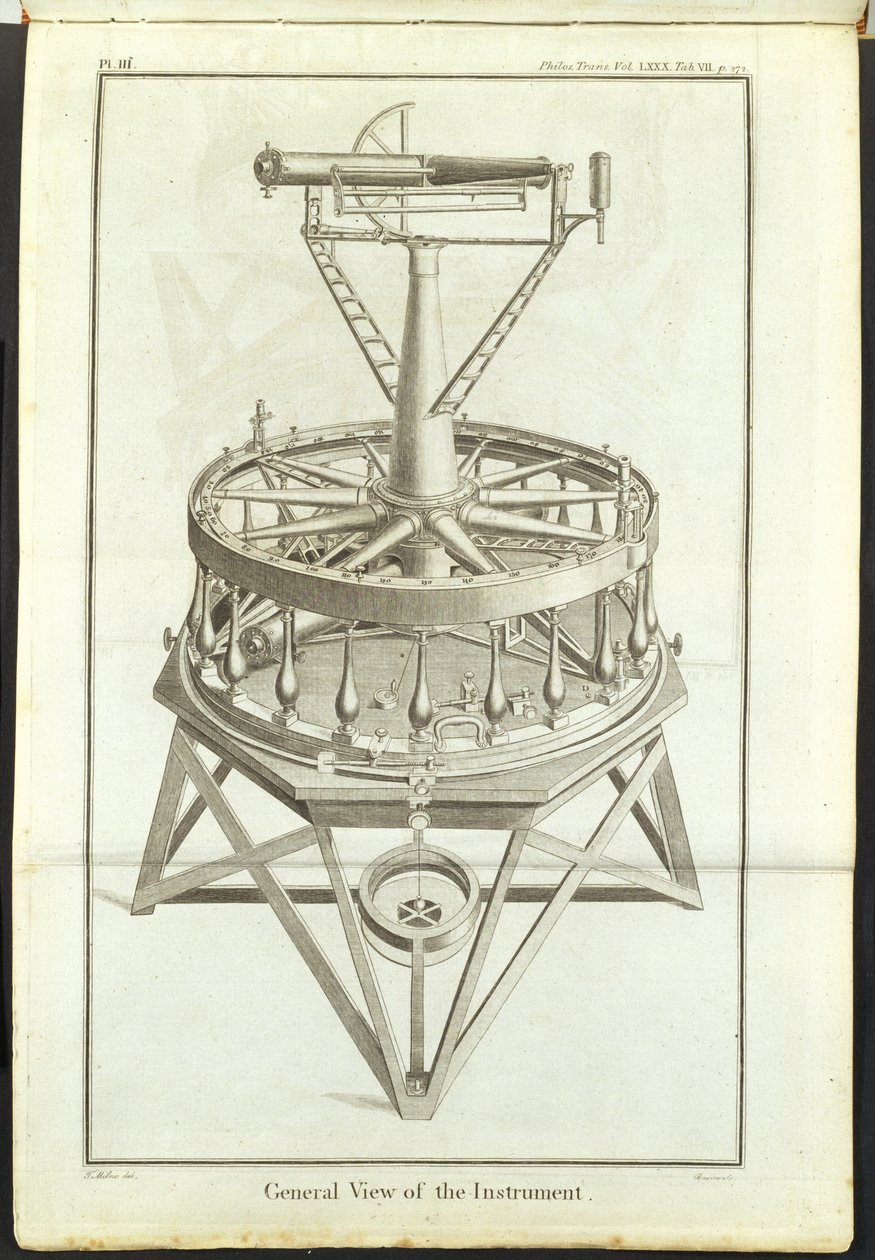 Incisione della prima grande teodolite (cerchio orizzontale di 3 piedi) raffigurata nelle Philosophical Transactions of the Royal Society Vol da Unbekannt
