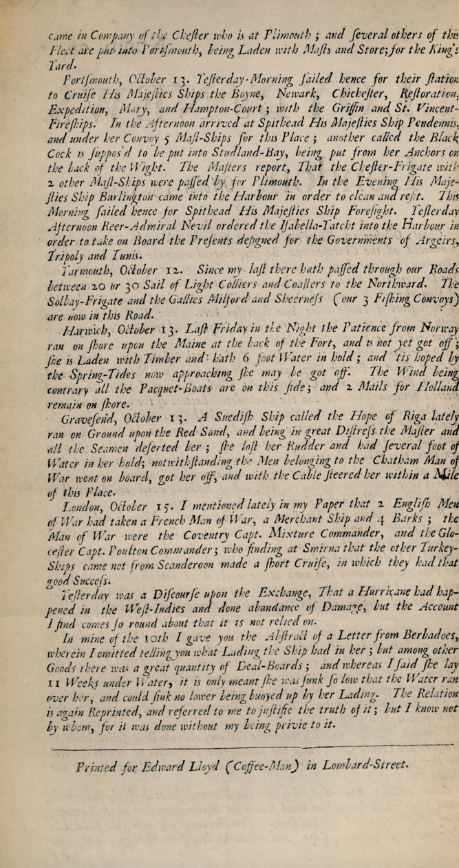 Lloyds News. Londra, 15 ottobre 1696 - Numb. 20, 1928 da Unbekannt