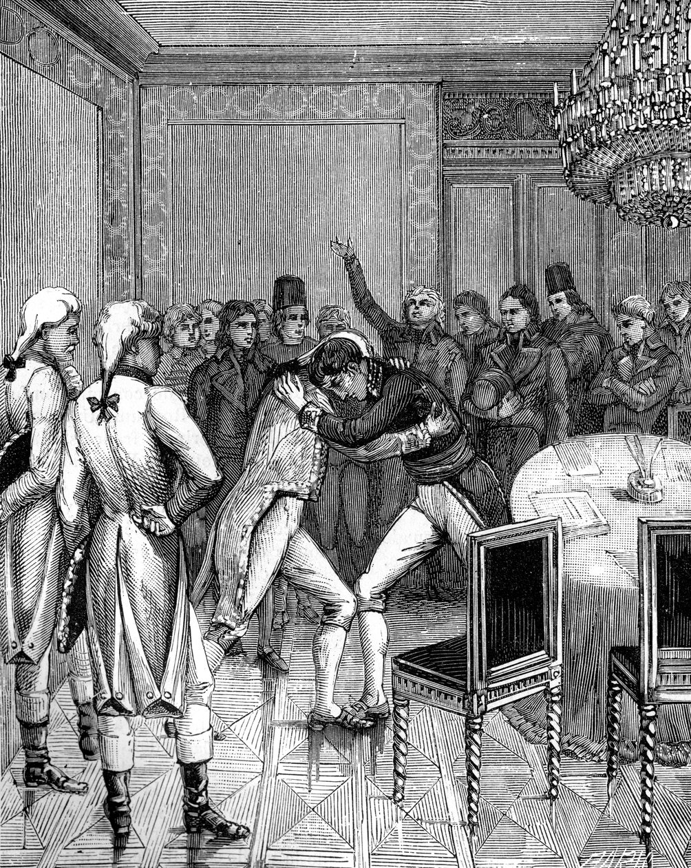 Lord Cornwallis e Joseph Bonaparte si abbracciano ad Amiens, Francia, 1802 da Unbekannt