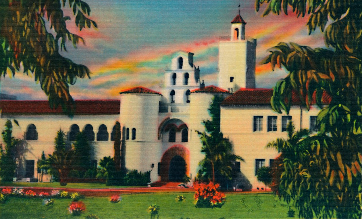 Ingresso principale. Edificio amministrativo, State College. San Diego, California, c1941 da Unbekannt