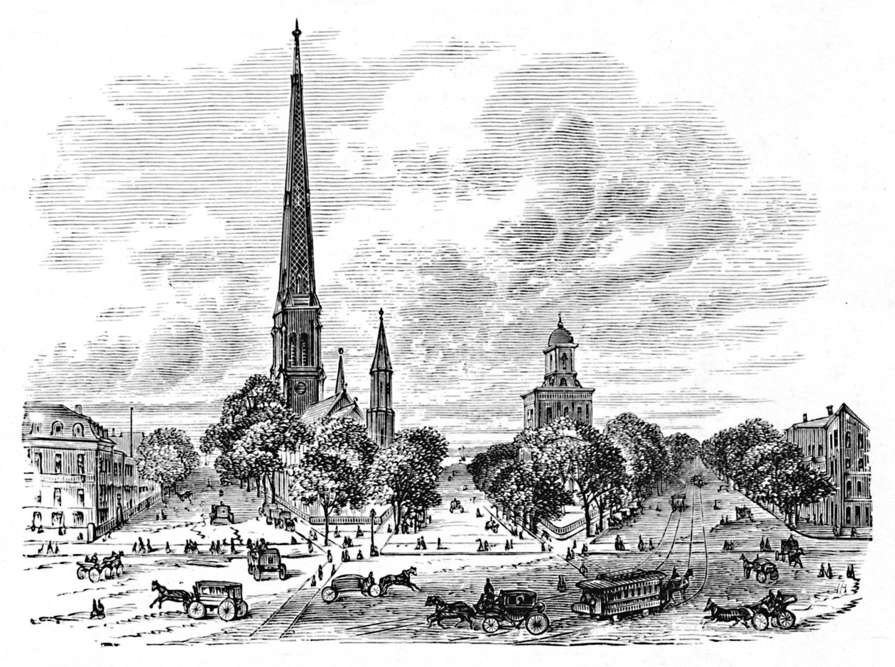 Main Street, Buffalo, di fronte alle chiese, 1883 da Unbekannt