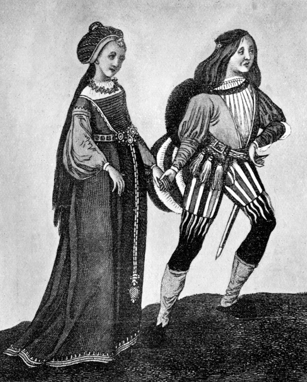 Costume maschile e femminile, fine XV-inizio XVI secolo, 1910 da Unbekannt
